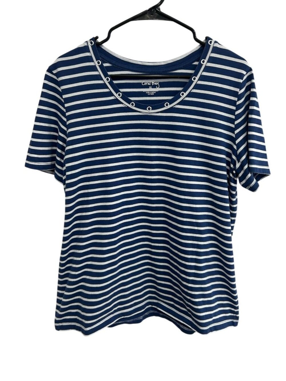 Coral Bay XL Navy White Striped Grommet Neck Top Nautical Classic Academia